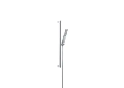 Chromfarbene Brausestange mit Handbrause und Schlauch von Hansgrohe, vertikal montiert an einer Wand, minimalistische Gestaltung.